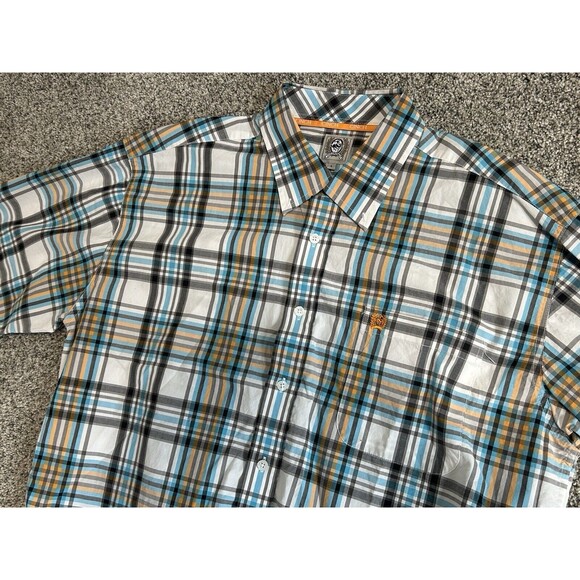 Cinch Men's Large Short Sleeve Button Shirt LOT of 2 Blue Green Orange Plaid - Picture 4 of 13